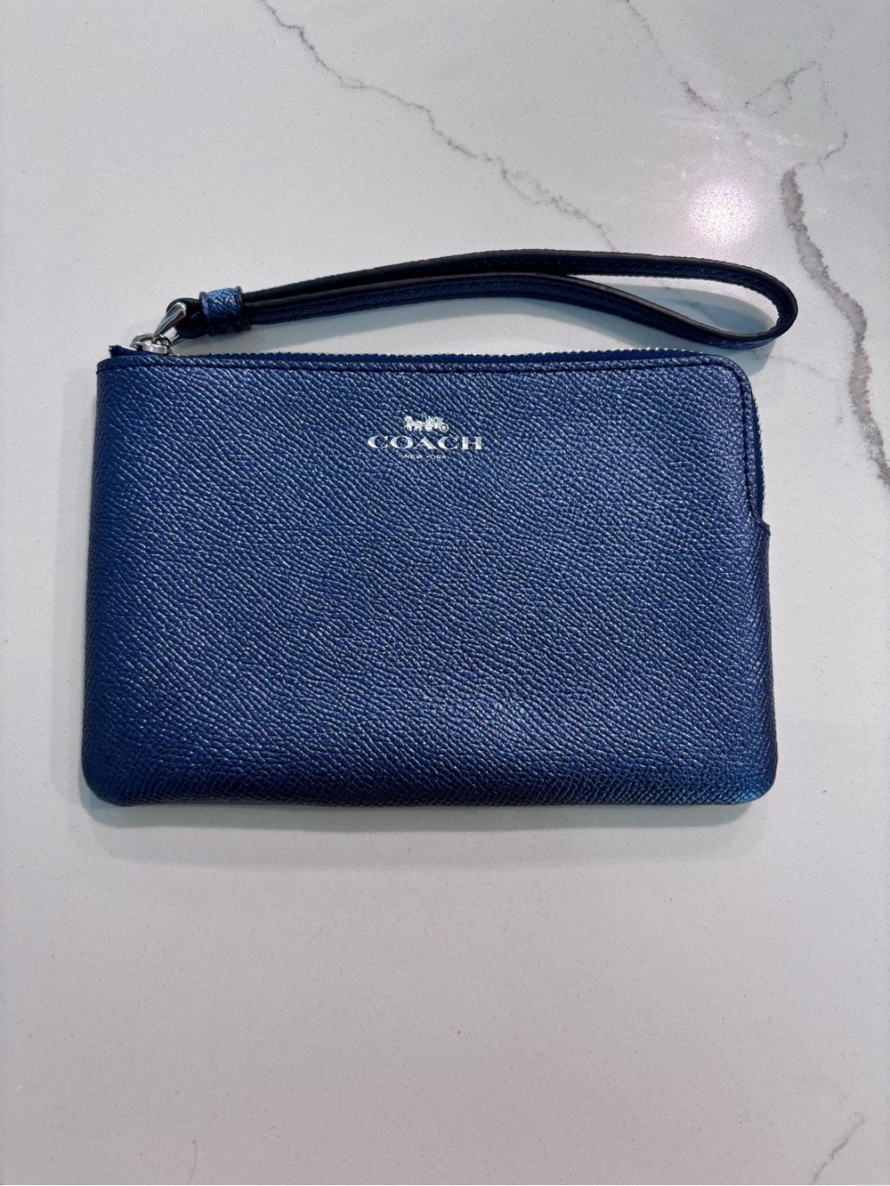 Coach Metallic Navy Blue Leather Wristlet Pouch